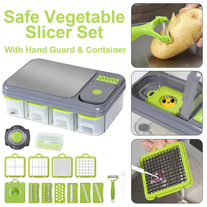 Multifunctional Vegetable Chopper & Food Slicer with Container – Portable Kitchen Cutter & Grater Tool