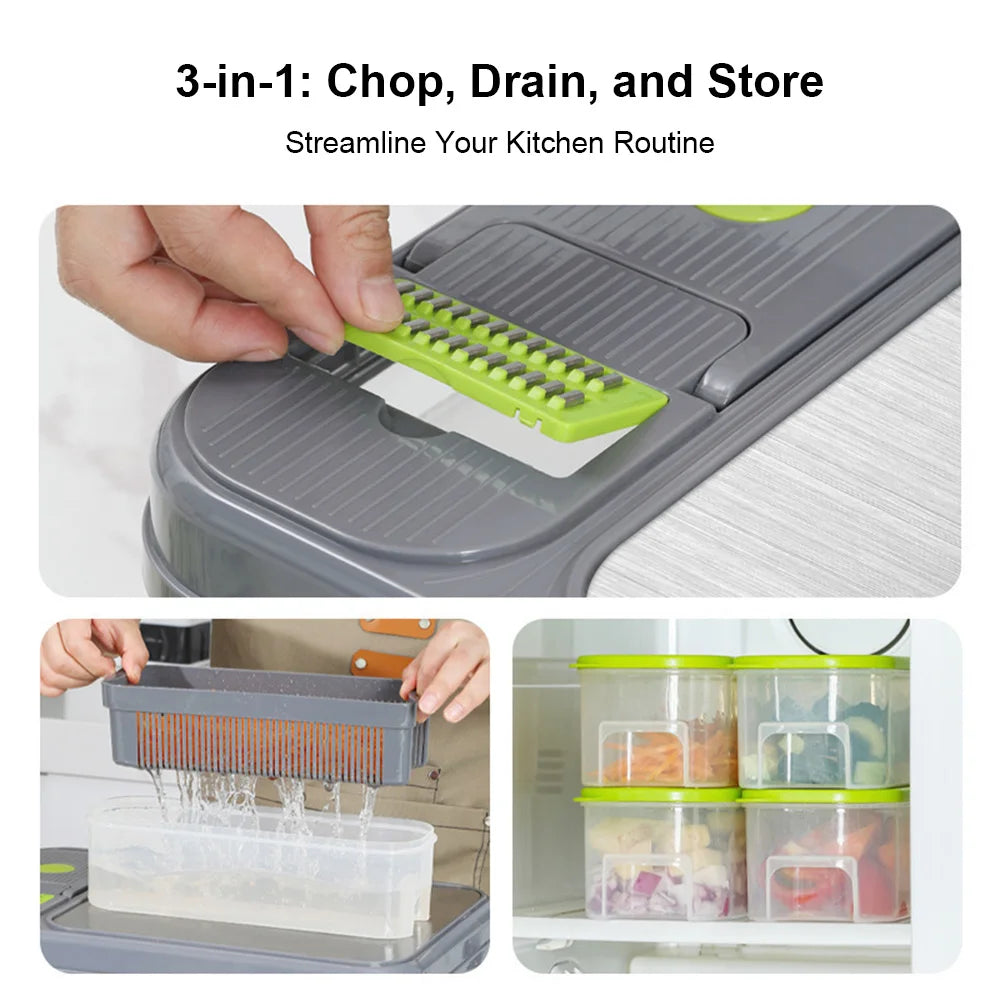 Multifunctional Vegetable Chopper & Food Slicer with Container – Portable Kitchen Cutter & Grater Tool