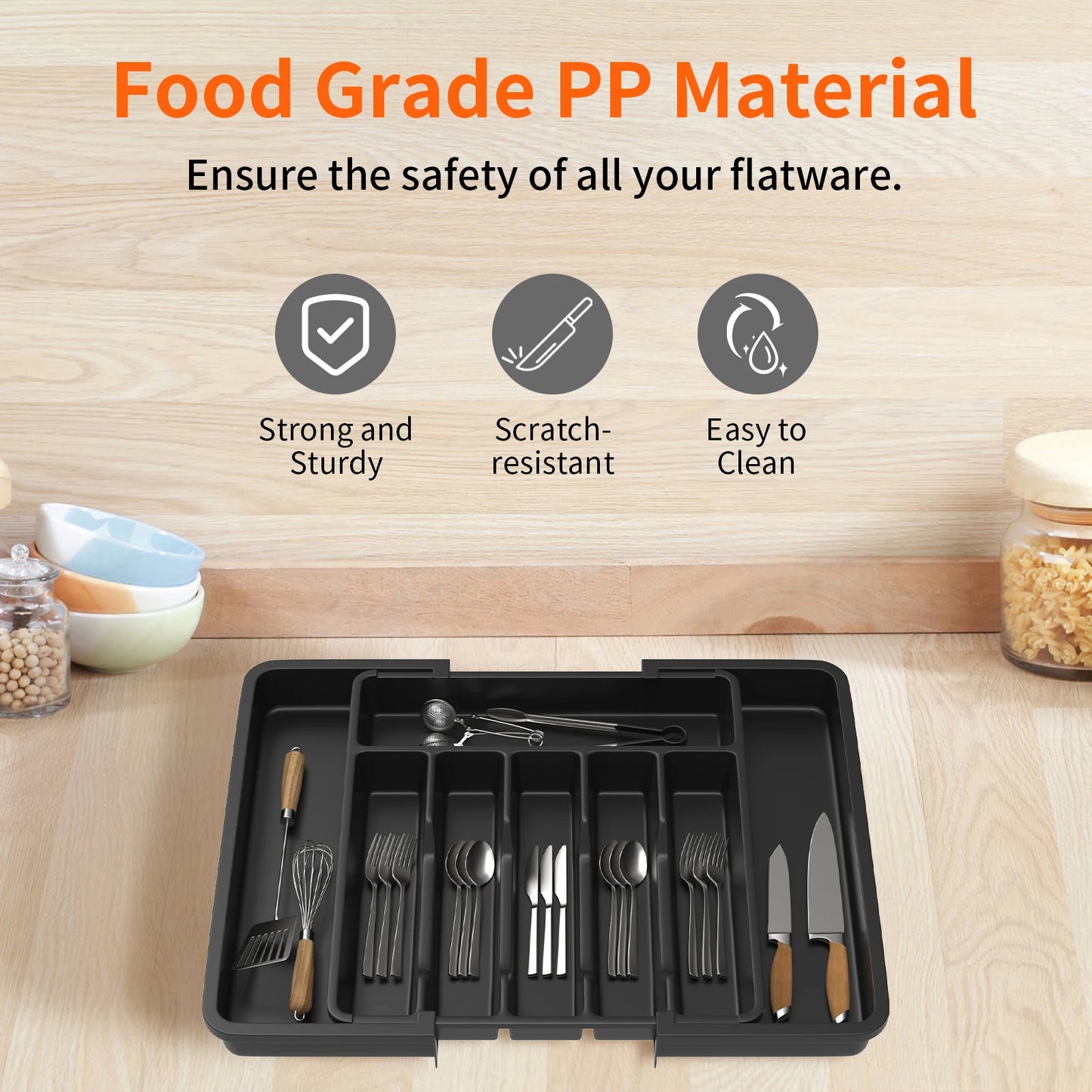 Expandable Cutlery Drawer Organiser – Adjustable Kitchen Utensil Tray with 8 Compartments for Spoons, Forks & Knives