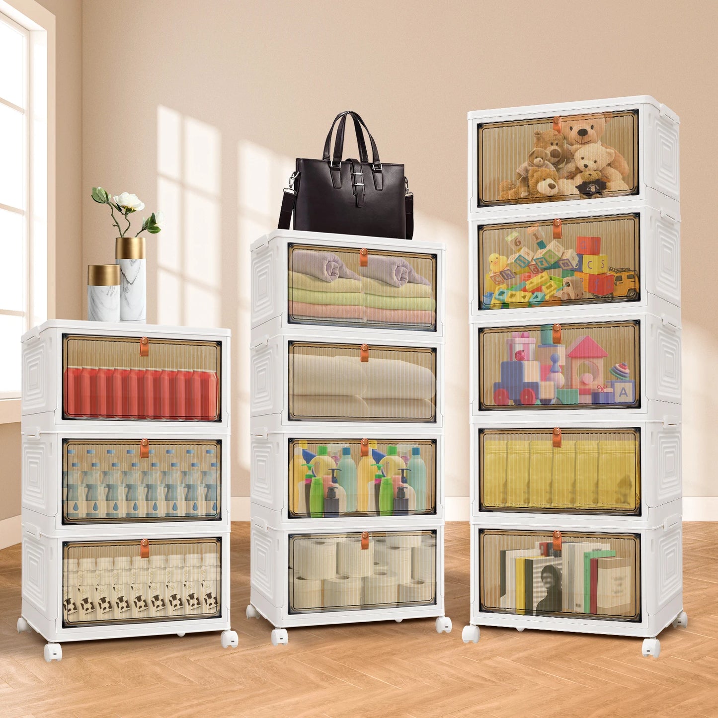 3/4/5 Tier Foldable Storage Organizer with Wheels & Lids – Stackable Plastic Storage Boxes for Home