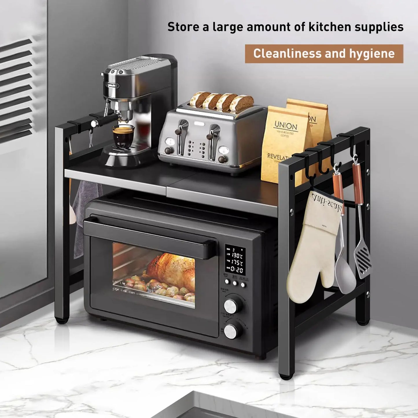 Expandable Microwave Shelf Organizer Rack – Adjustable Kitchen Countertop Storage Stand for Tableware & Appliances