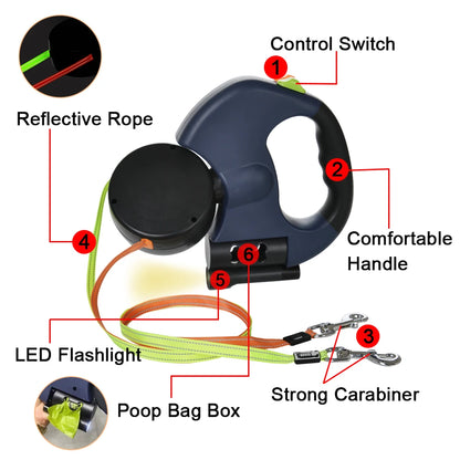 3m Retractable Dog Leash  Reflective Dual Pet Leash Lead 360 Swivel