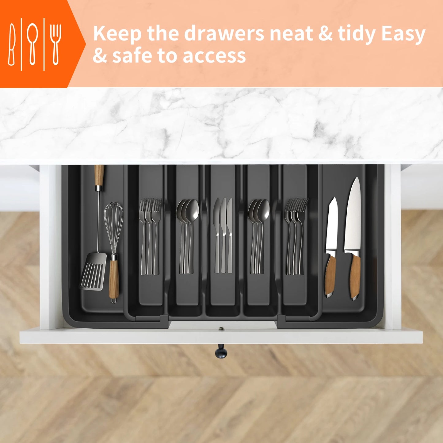 Expandable Cutlery Drawer Organiser – Adjustable Kitchen Utensil Tray with 8 Compartments for Spoons, Forks & Knives