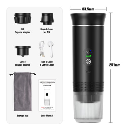 Portable Wireless Espresso Coffee Maker – 3-in-1 Travel Coffee Machine for Capsules & Ground Coffee