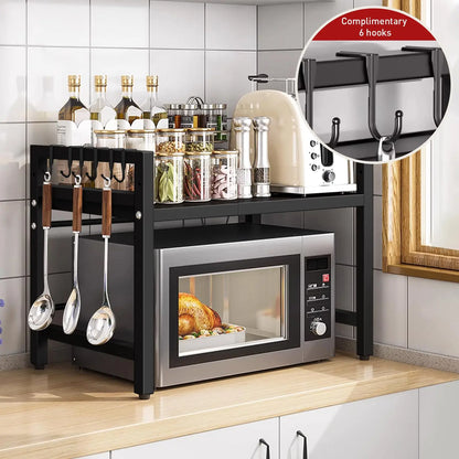Expandable Microwave Shelf Organizer Rack – Adjustable Kitchen Countertop Storage Stand for Tableware & Appliances