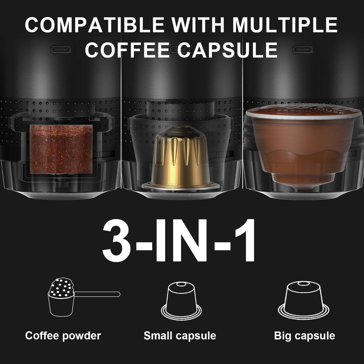 Portable Wireless Espresso Coffee Maker – 3-in-1 Travel Coffee Machine for Capsules & Ground Coffee