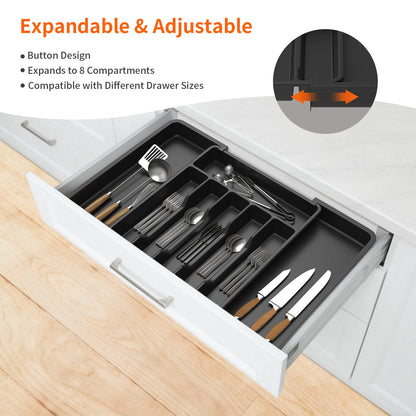 Expandable Cutlery Drawer Organiser – Adjustable Kitchen Utensil Tray with 8 Compartments for Spoons, Forks & Knives