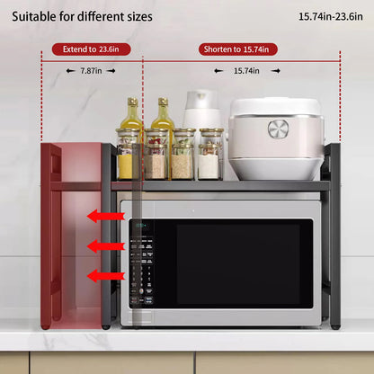 Expandable Microwave Shelf Organizer Rack – Adjustable Kitchen Countertop Storage Stand for Tableware & Appliances