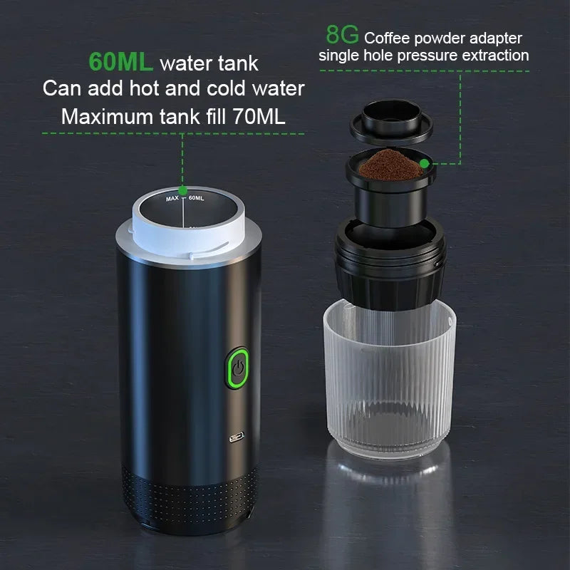 Portable Wireless Espresso Coffee Maker – 3-in-1 Travel Coffee Machine for Capsules & Ground Coffee
