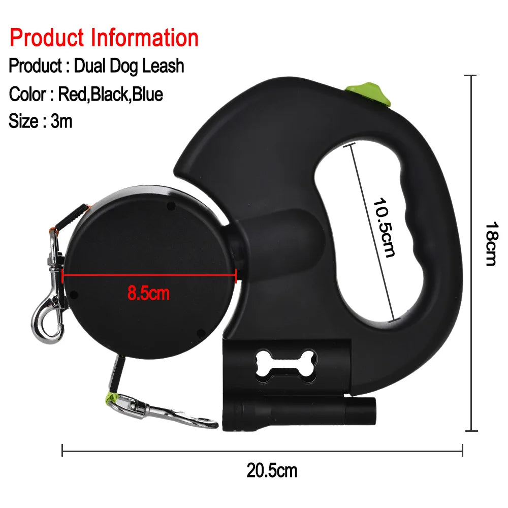 3m Retractable Dog Leash  Reflective Dual Pet Leash Lead 360 Swivel
