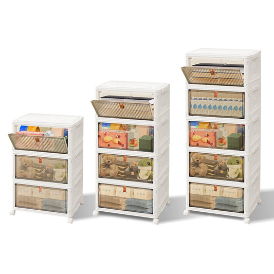 3/4/5 Tier Foldable Storage Organizer with Wheels & Lids – Stackable Plastic Storage Boxes for Home